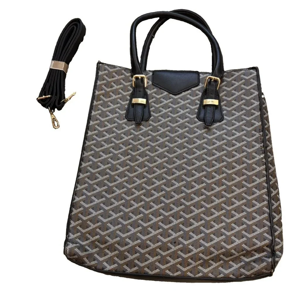 Monogram Zip Top Tote Bag Brown Black Crossbody Satchel Large Faux Leather